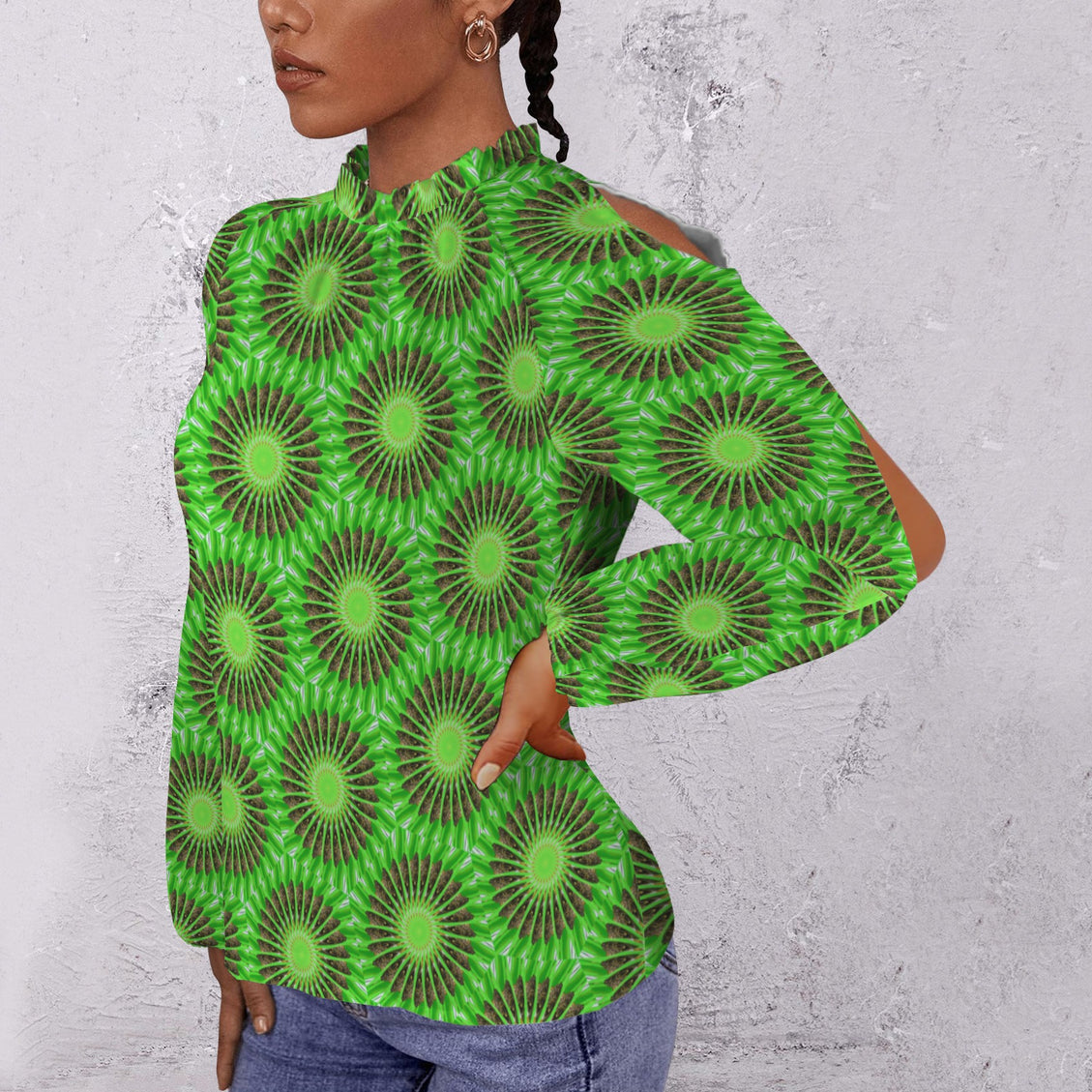 Long Sleeve Slit Sleeve Butterfly on Green
