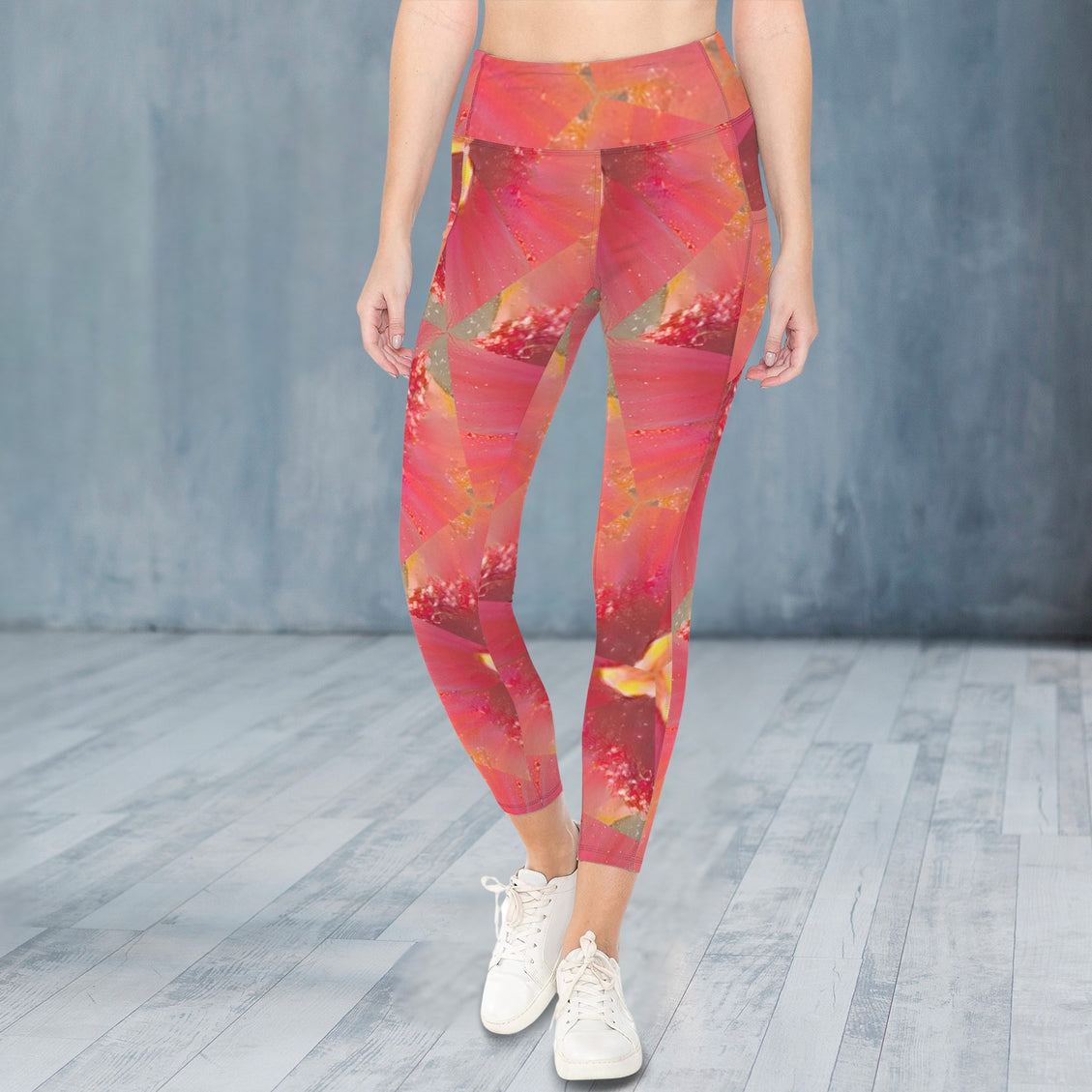 High Waist Pockets Yoga Leggings Pink Wildflowers