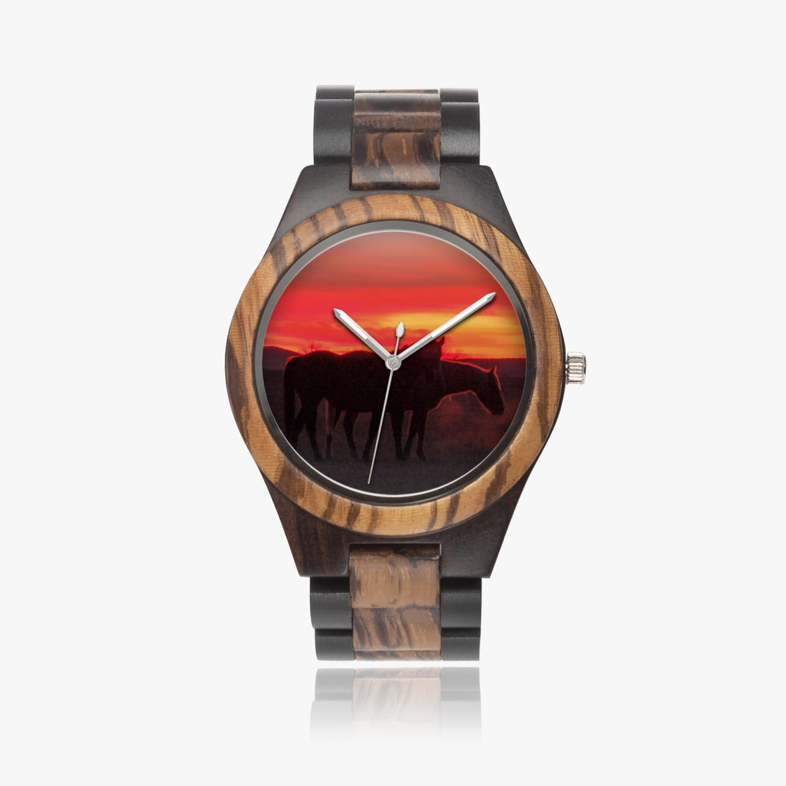 Wooden Watch Indian Ebony Horses Red Sunrise