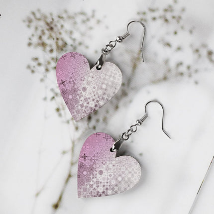 Wooden Heart Earrings Pink Glass Ombre
