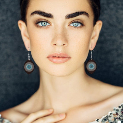 Wooden Oval Earrings Blue Mandela on Black