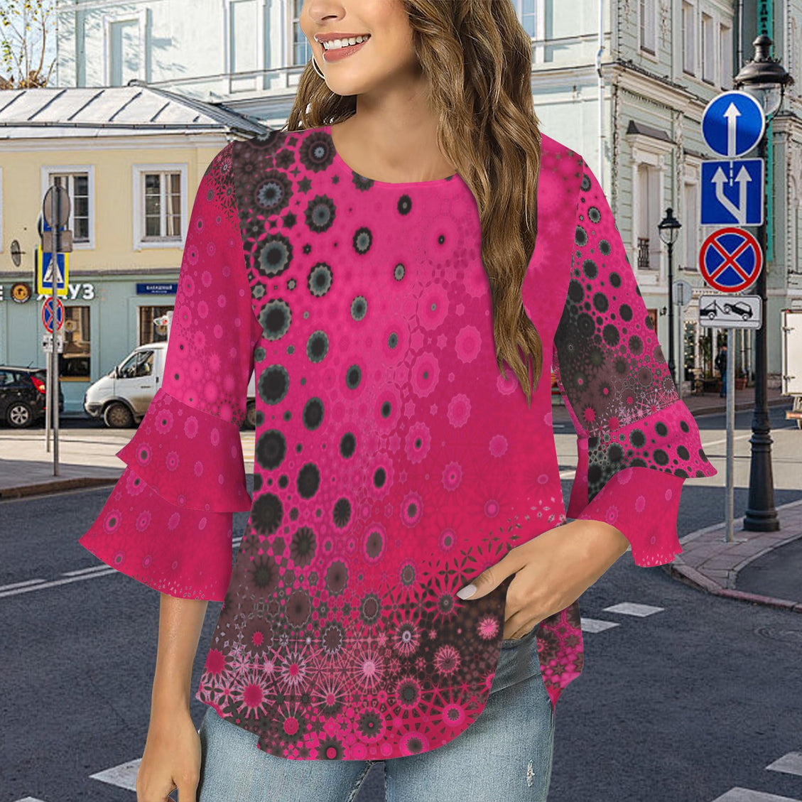 Layered Flare Sleeve Fuchsia Black Ombre