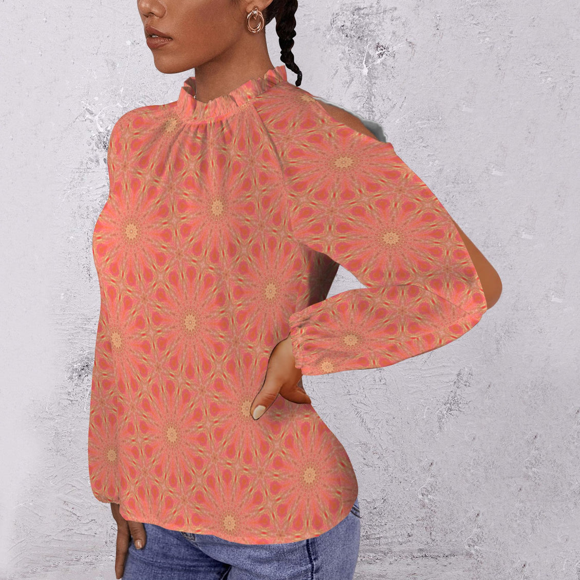 Long Slit Sleeve Blouse Orange Flower