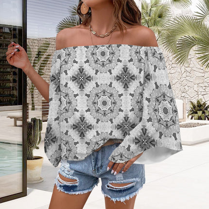 Trumpet Sleeve Blouse Black White and Gray Graphic