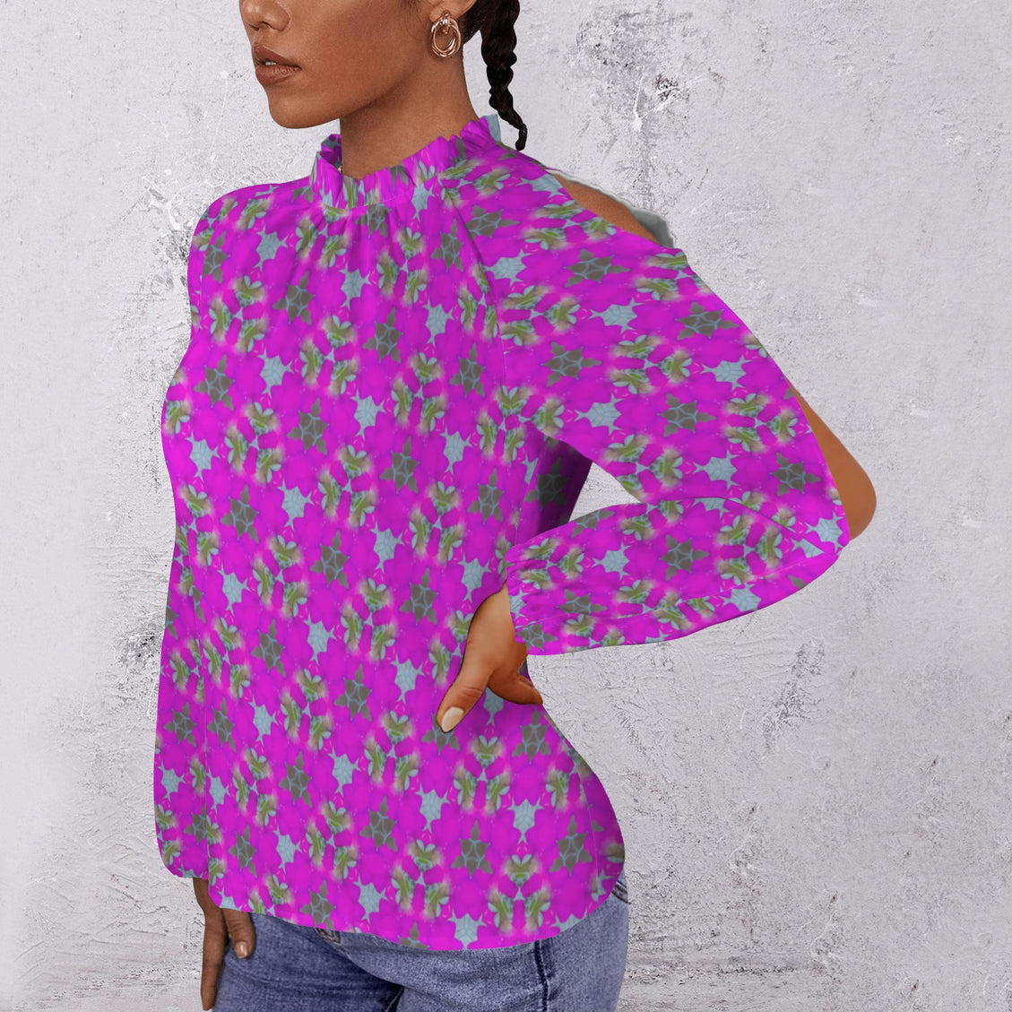 Long Slit Sleeve Blouse Fuchsia Floral