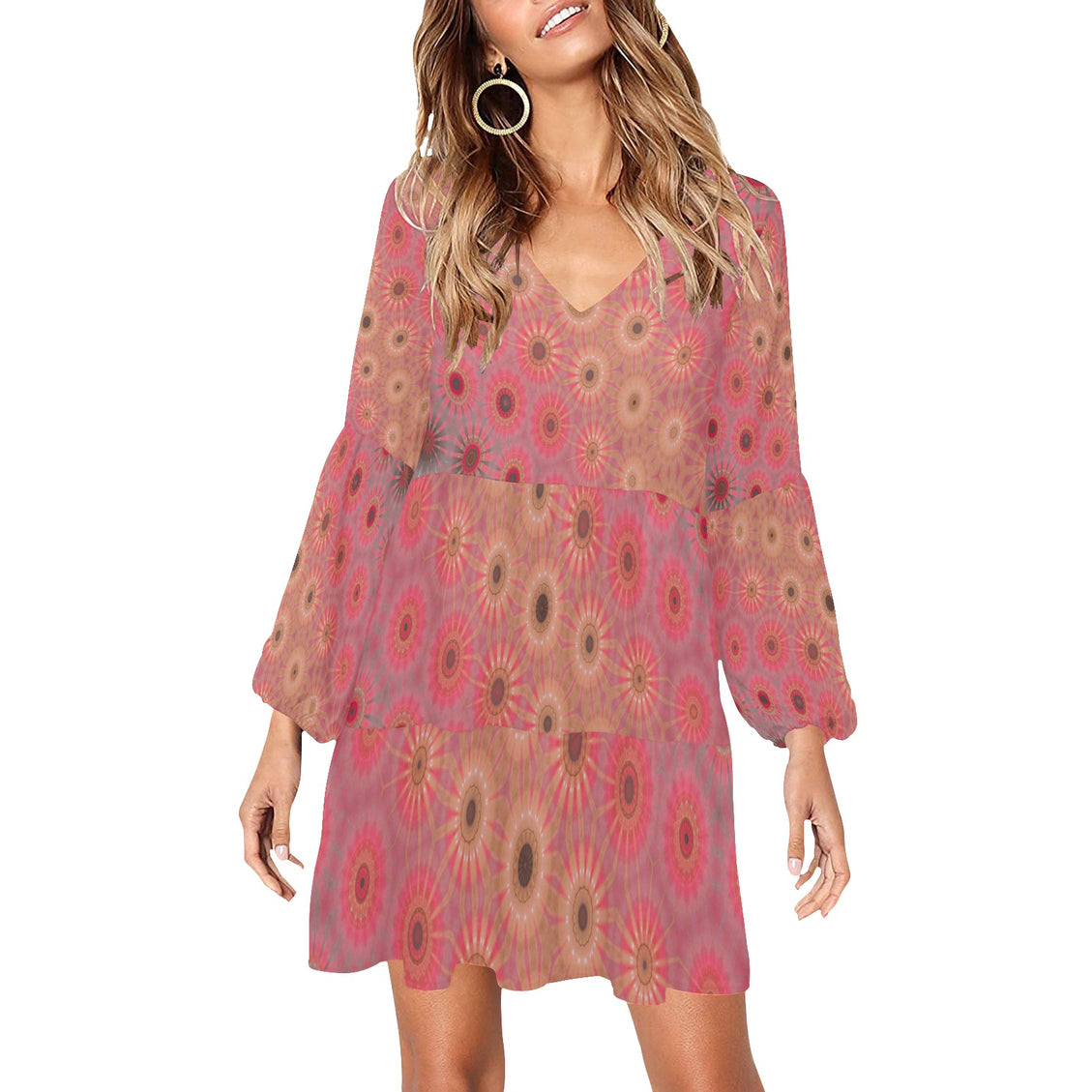 V Neck Flowy Dress Pink Multi