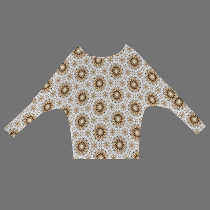 Batwing Long Sleeve Sweater Shimmering Feathers Gold Taupe Gray