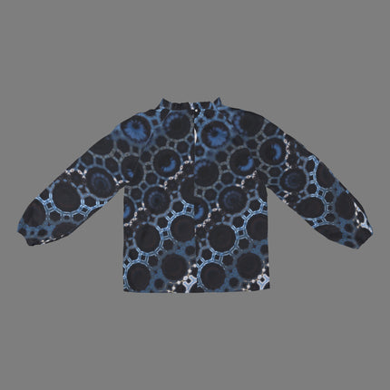 Long Slit Sleeve Blouse Blue and Black Geometric