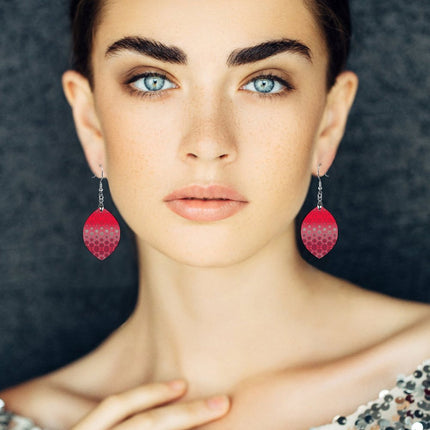 Wooden Oval Earrings Red Hollyhocks Ombre