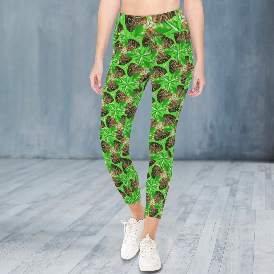 High Waist Pockets Yoga Leggings Brown Butterfly Green Leaves