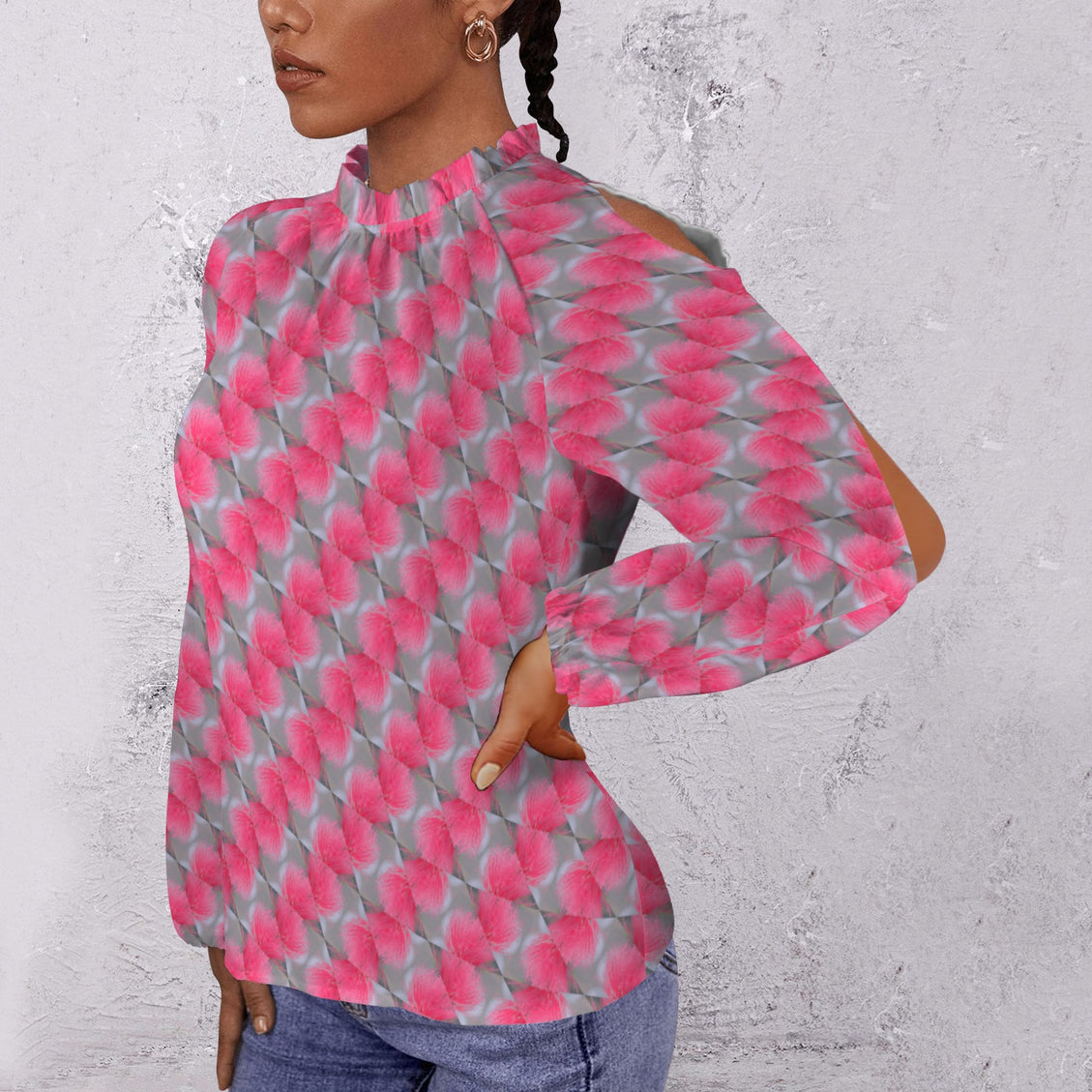 Long Slit Sleeve Blouse Bright Pink Butterfly Balm