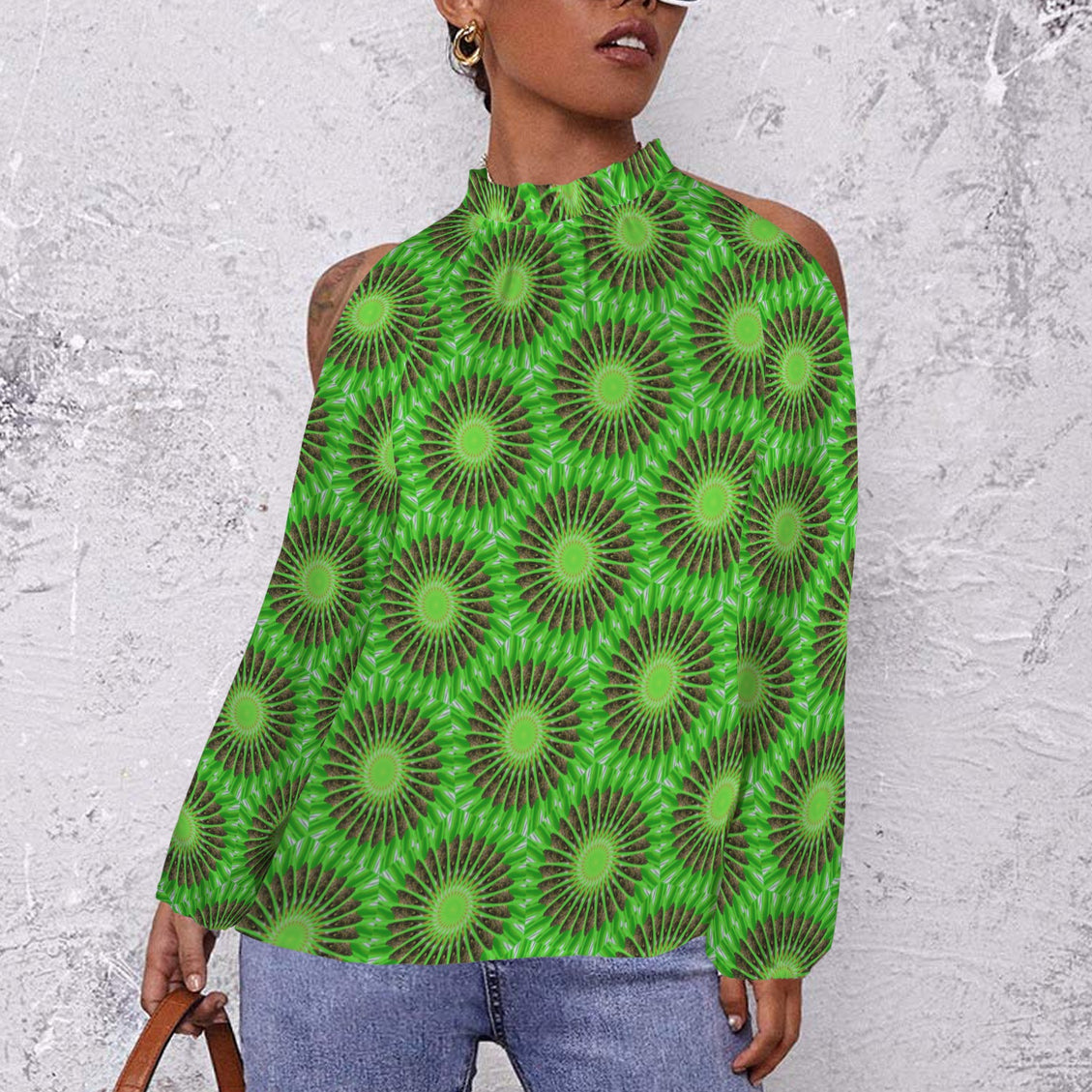 Long Sleeve Slit Sleeve Butterfly on Green