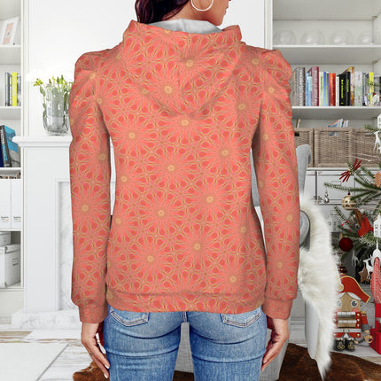 Puff Sleeve Hoodie Coral and Yellow Wildflowers Swirl