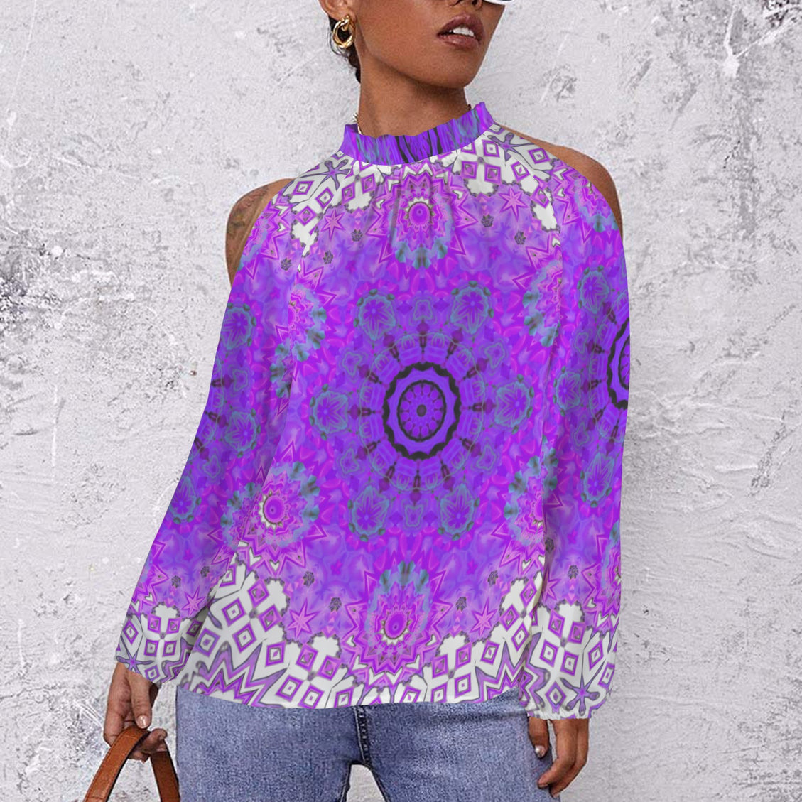 Long Slit Sleeve Blouse Bergamot Purple Green Medallion
