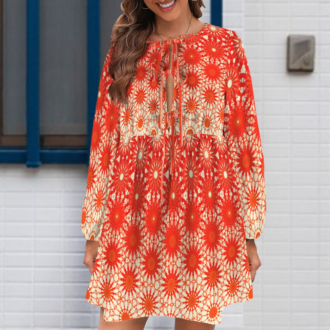 Long Sleeve Tie Front Tunic Orange Sunset