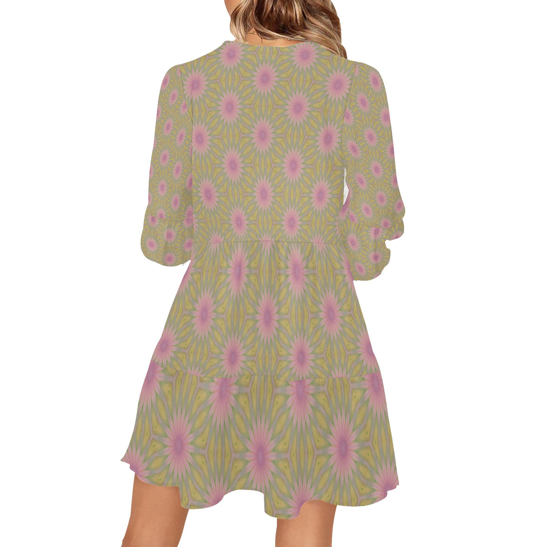 V Neck Flowy Dress Pink Coneflowers Taupe