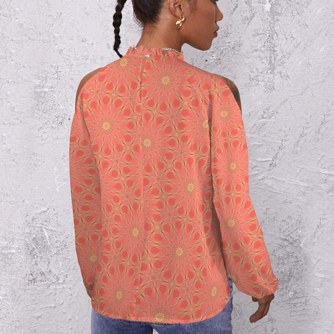 Long Slit Sleeve Blouse Orange Flower