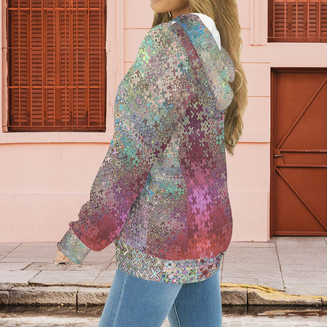 Hoodie Peacock Feathers Pink Turquoise Ombre