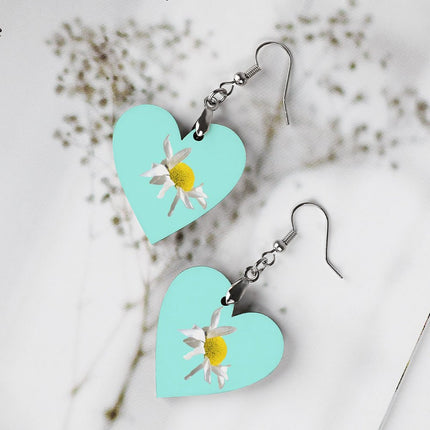 Wooden Heart Earrings Daisy Light Blue
