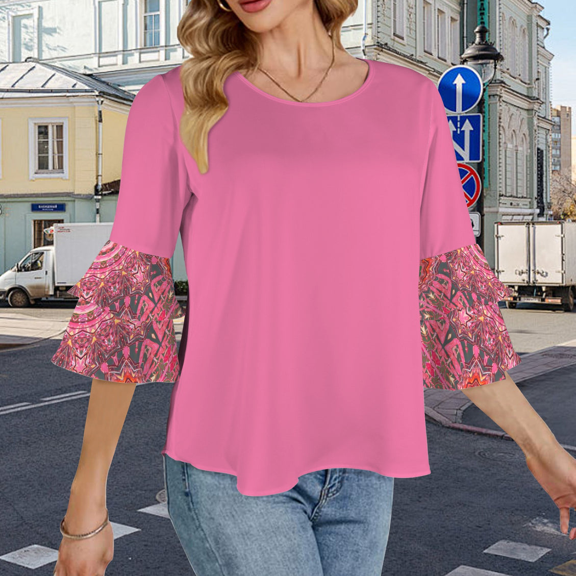 Layered Flare Sleeve Blouse Carnival Pink