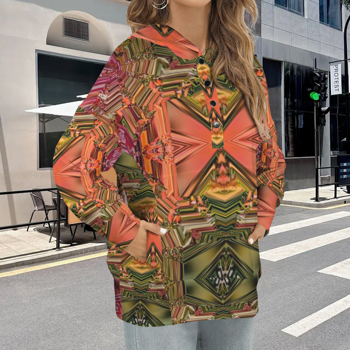 Hooded Pullover Fall Leaves Geometric