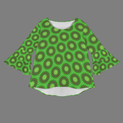 Flare Sleeve Blouse Butterfly on Green Leaves