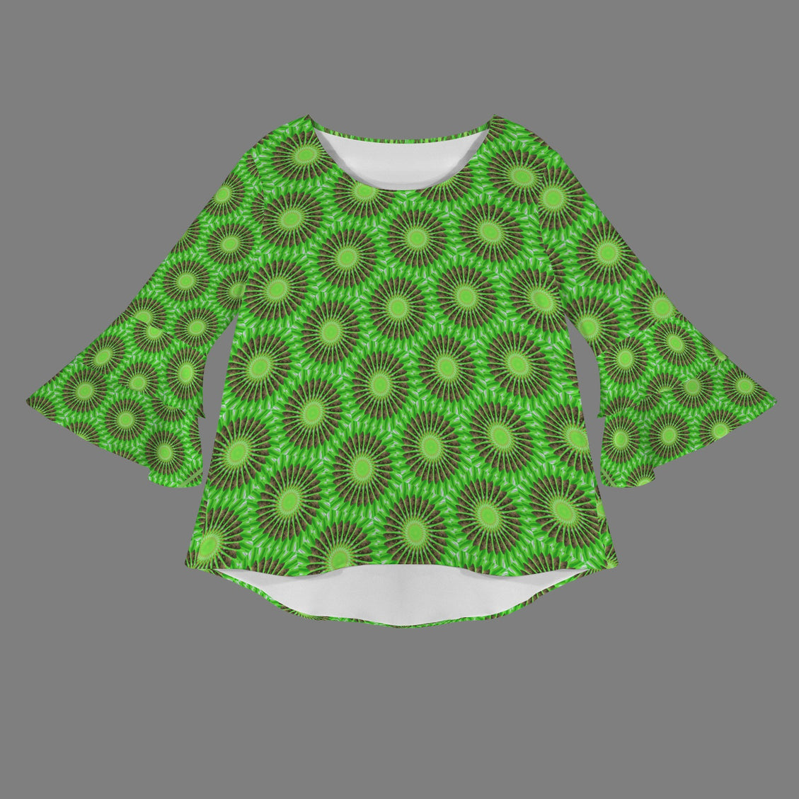 Flare Sleeve Blouse Butterfly on Green Leaves