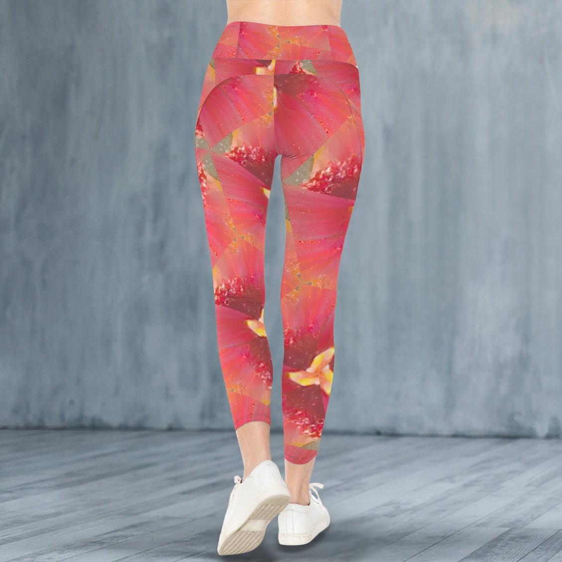 High Waist Pockets Yoga Leggings Pink Wildflowers