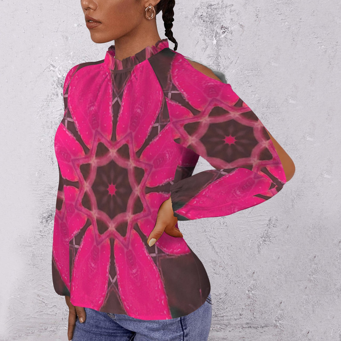 Long Slit Sleeve Blouse Red Leaves Fuchsia Black
