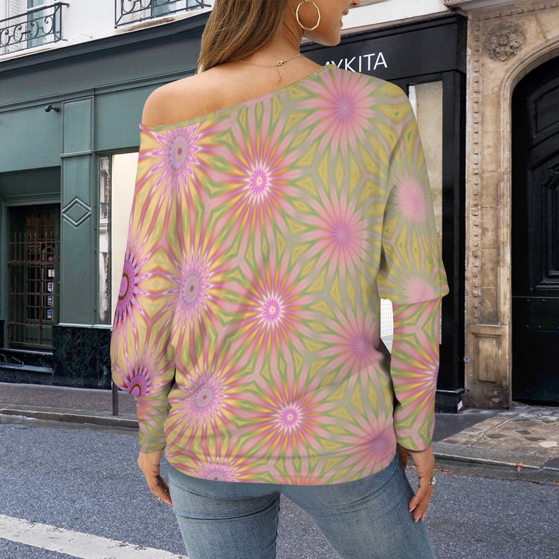Batwing Long Sleeve Sweater Purple Pink Coneflowers
