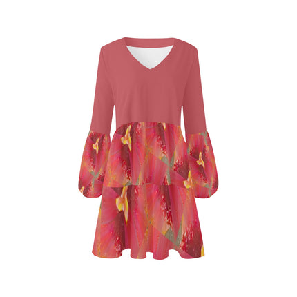 V Neck Flowy Dress Indian Blanket Flower Geometric Coral and PInk