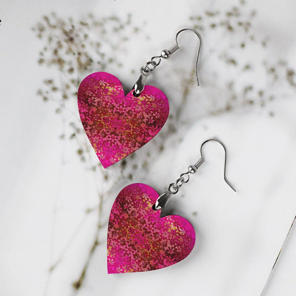 Wooden Heart Earrings Orchids