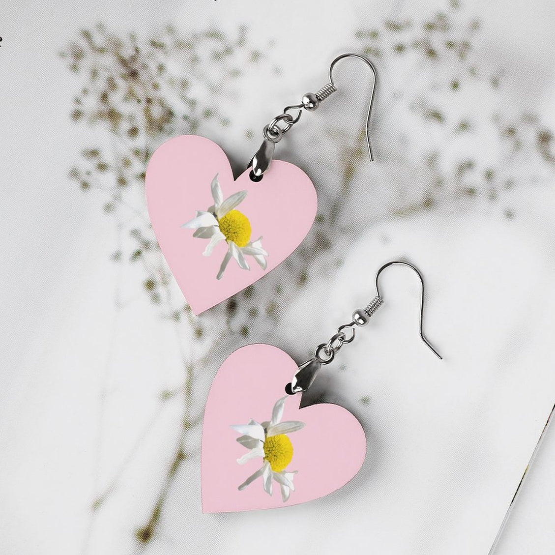Wooden Heart Earrings Daisy on Soft Pink
