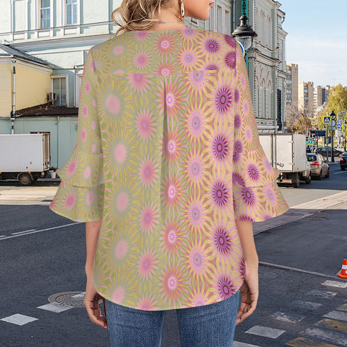 Layered Flare Sleeve Blouse Purple Coneflowers Abstract