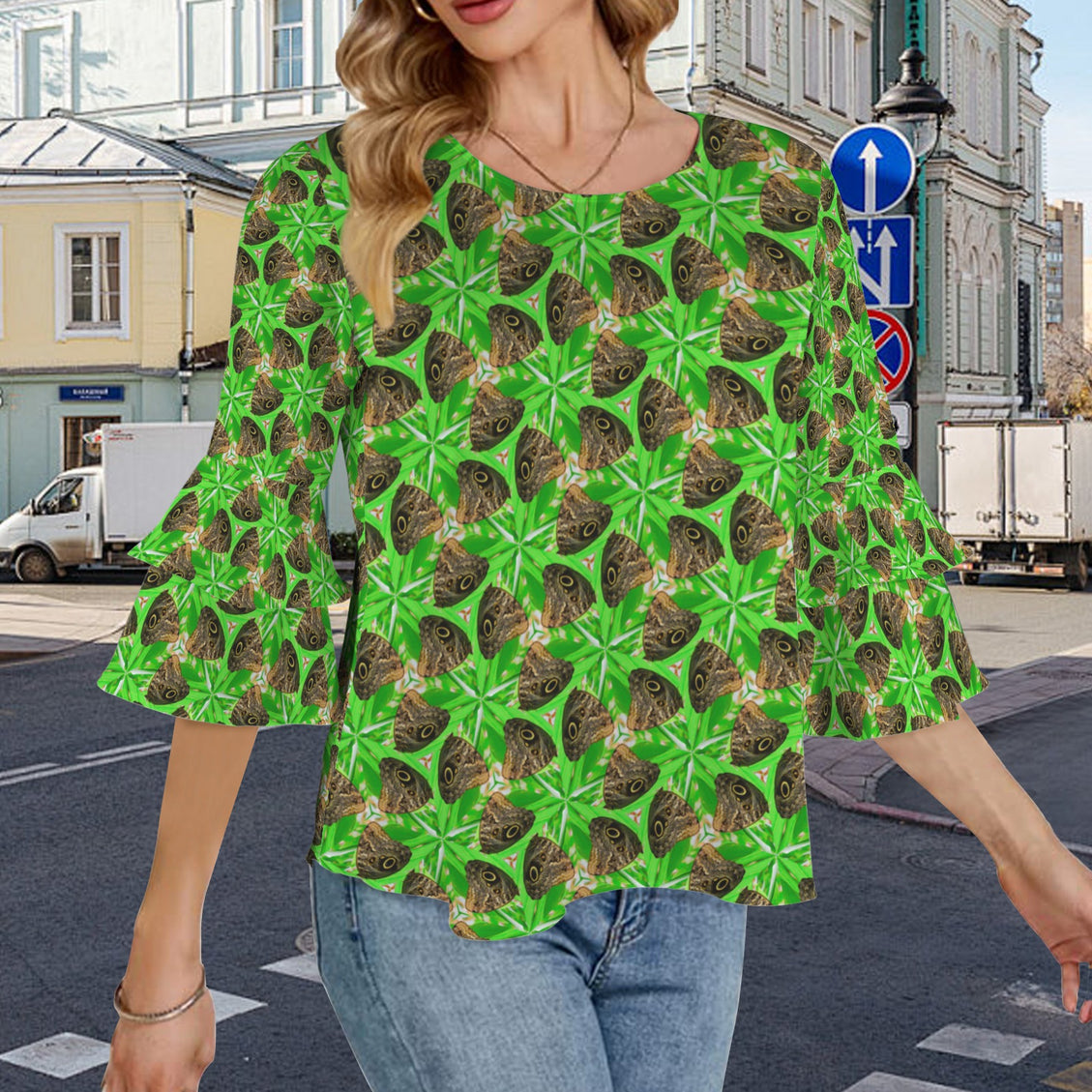 Flare Sleeve Blouse Butterfly Green