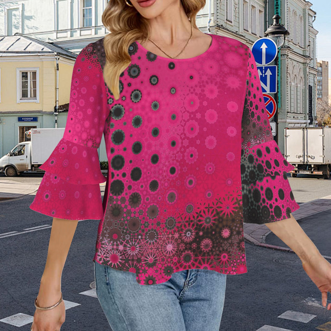 Layered Flare Sleeve Fuchsia Black Ombre