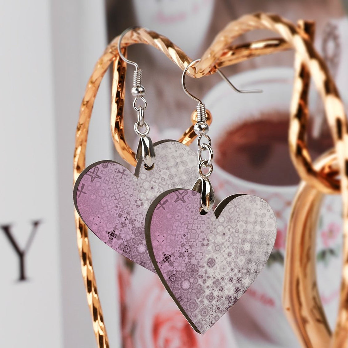 Wooden Heart Earrings Pink Glass Ombre