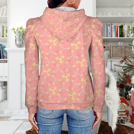 Puff Sleeve Hoodie Coral and Yellow Wildflowers