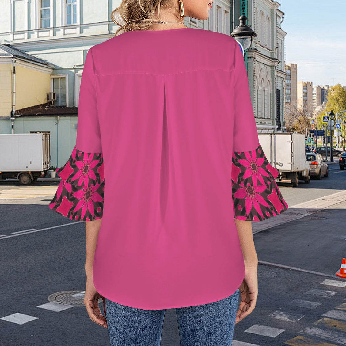 Layered Flare Sleeve Blouse Fuchsia Red Leaves