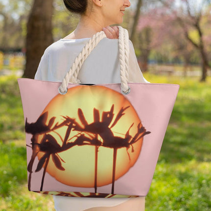 Hemp Rope Tote Bag Asters Sunset Pink