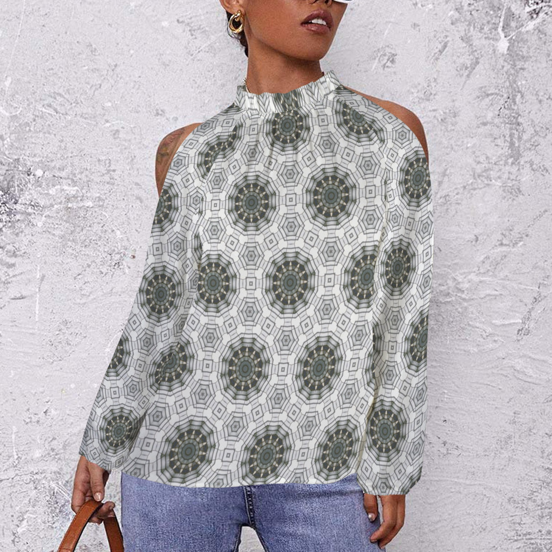 Long Slit Sleeve Blouse Gray Green Carnival Tile