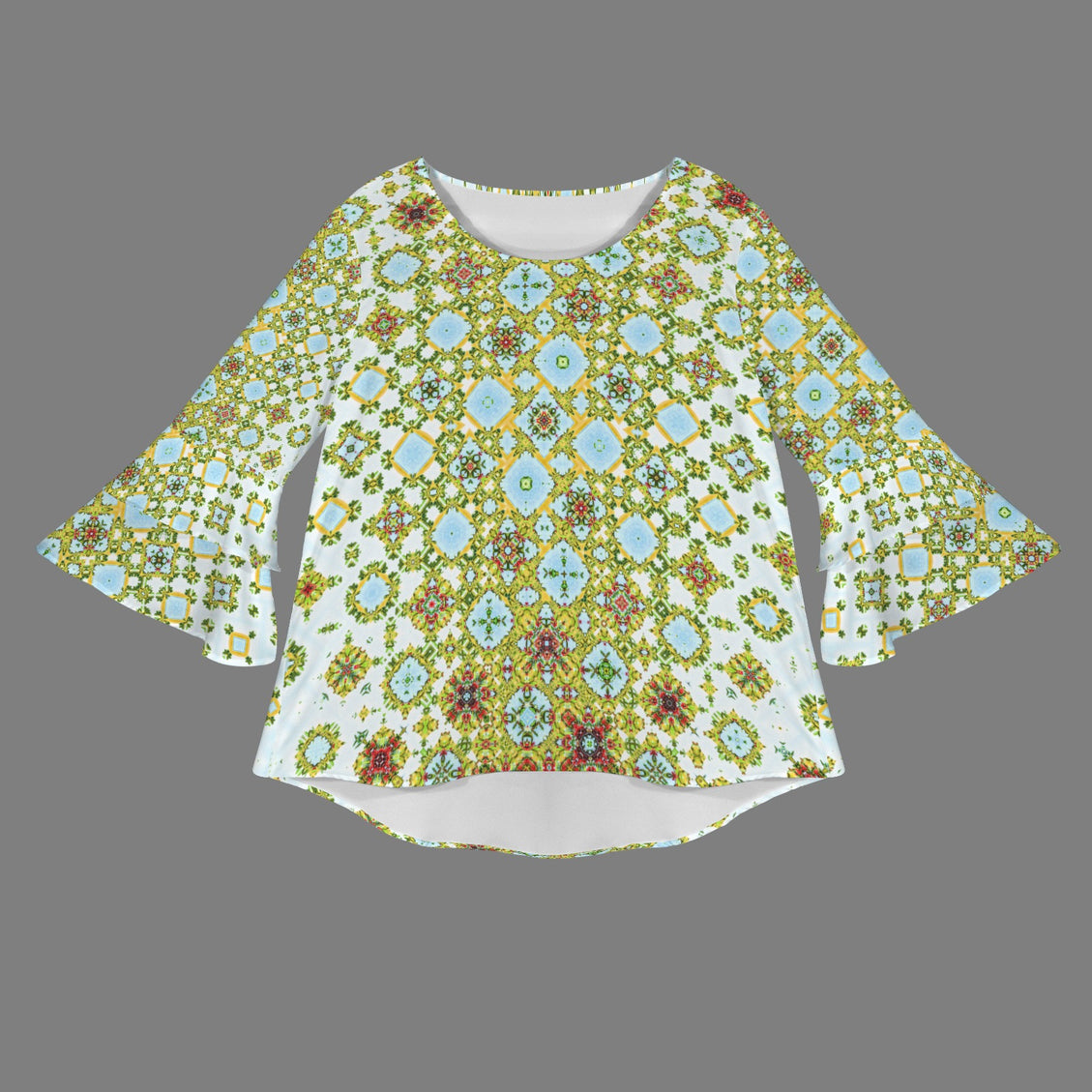 Layered Flare Sleeve Blouse Buffalo Berries Green Red Blue