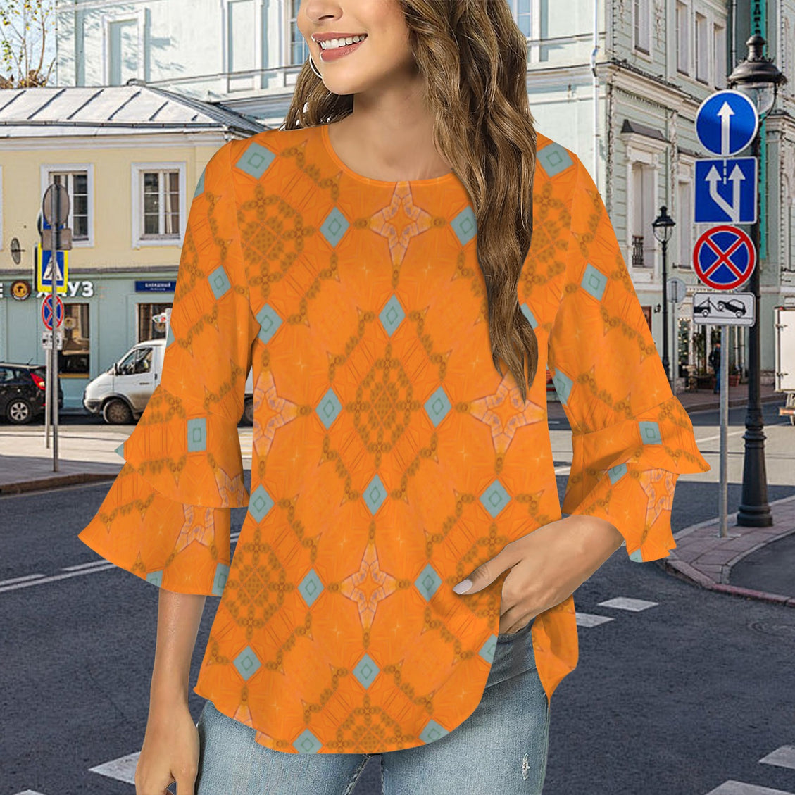 Flare Sleeve Blouse Butterfly Orange and Blue