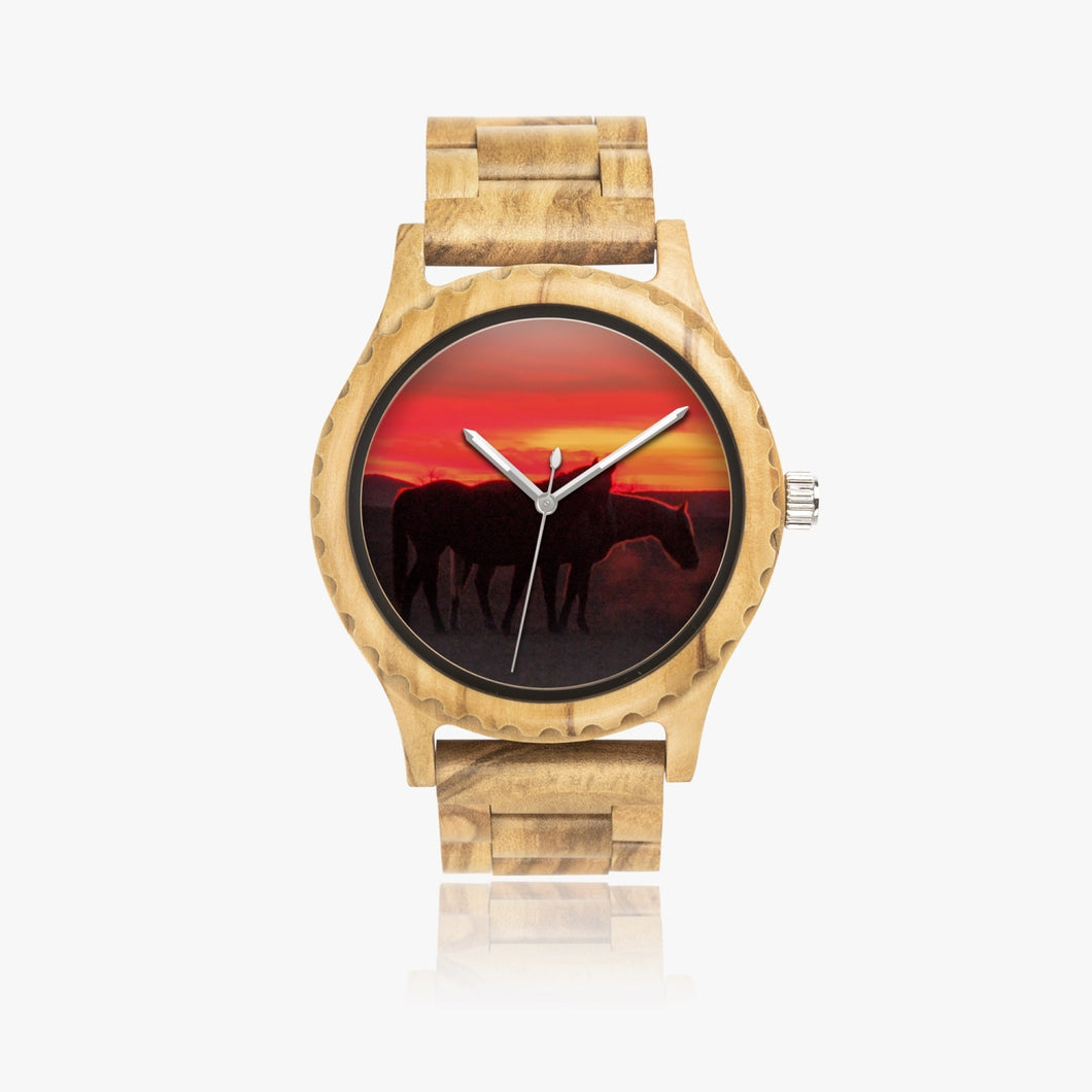 Wooden Watch Italian Olive Horses Red Sunrise
