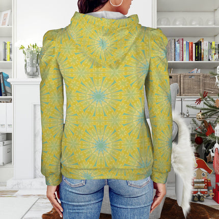 Puff Sleeve Hoodie Chartreuse and Blue Geometric