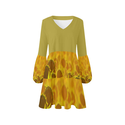 V Neck Flowy Dress Golden Sunflowers Chartreuse