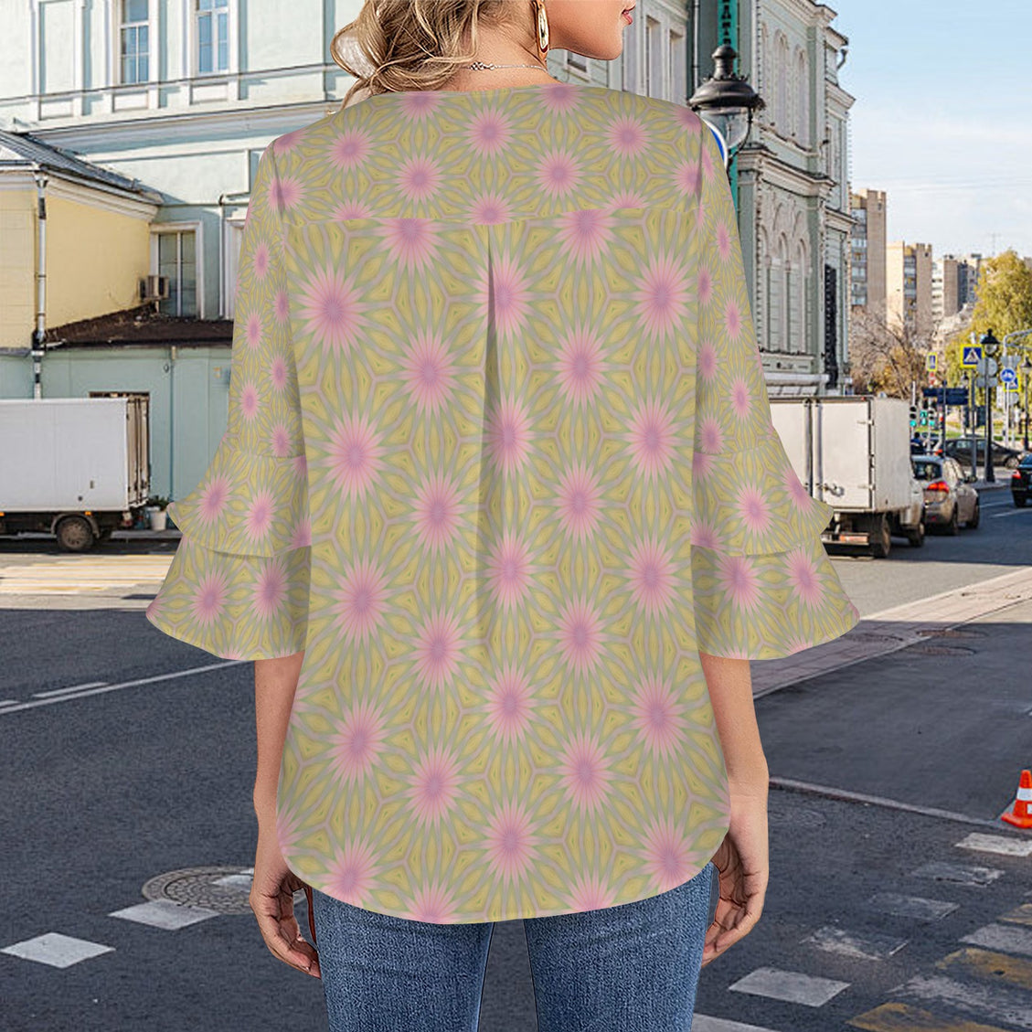 Layered Flare Sleeve Blouse Pink Coneflowers Abstract