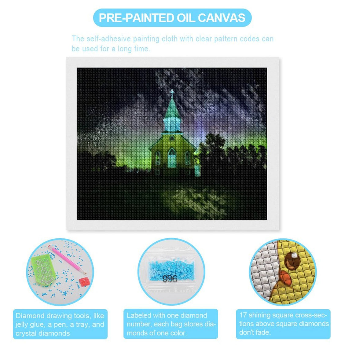 Design Diamond Painting 20"×16"(Horizontal) Country Church Aurora