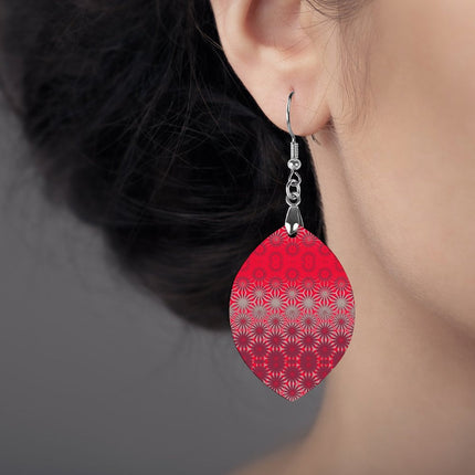 Wooden Oval Earrings Red Hollyhocks Ombre