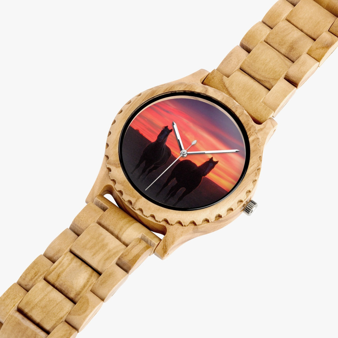 Wooden Watch Italian Olive Horses Sunrise 9 Mile Road